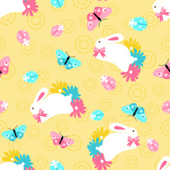 Seamless pattern with easter spring bunny in flowers on orange background