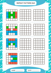 Repeat colorful pattern. Cube grid with squares. Special for preschool kids. Worksheet for practicing fine motor skills. Improving skills tasks. A4. Snap game. 5x5