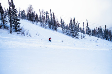 Naklejka na ściany i meble Snowboarder freerider in the mountains on a snowy slope.