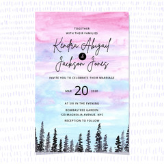 wedding invitation with sky scape and tree watercolor background