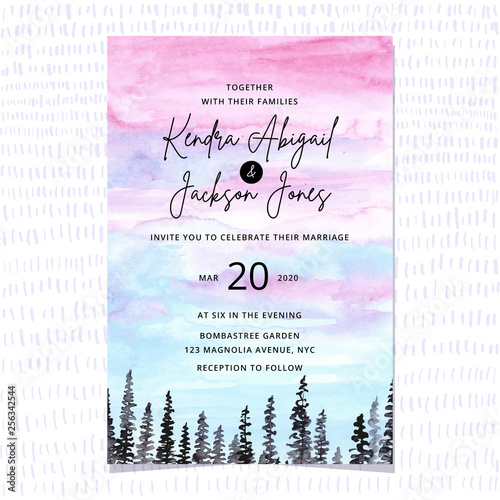 wedding invitation with sky scape and tree watercolor background