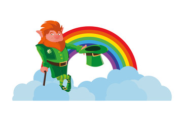 saint patrick lemprechaun with cane and rainbow
