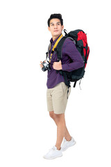 Isolated Portrait of handsome young asian tourist man with backpack and camera