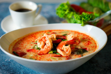 Tom Yum Goong or Boiled shrimp spicy thai food in a bowl