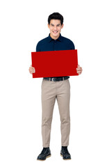 Young smiling handsome Asian man holding blank red board