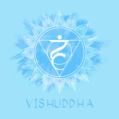 Vector illustration with symbol Vishuddha - Throat chakra on watercolor background.