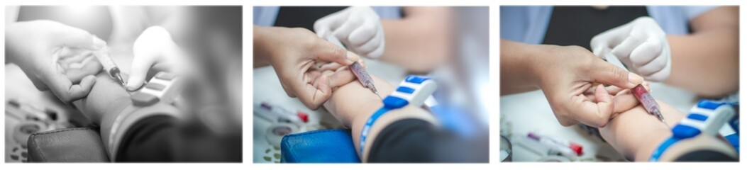 Set:Nurse collecting blood samples from patient for analysis on the annual health,( focus on syringe).