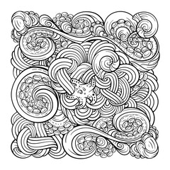 Black and white sea doodles vector square motif