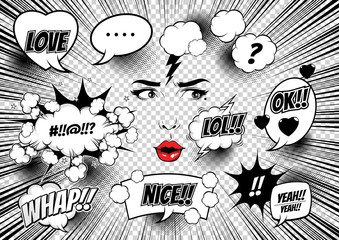 Comic Style, Female Faces, pop art speech bubbles, doodle art, Vector illustration, you can place relevant content on the area.