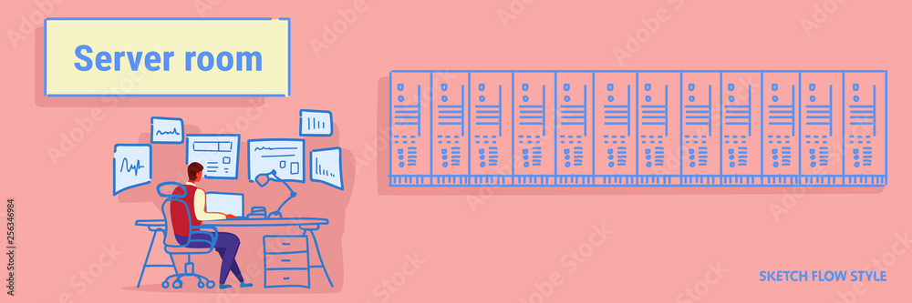 Poster man sitting workplace desk working in data center room hosting server computer monitoring concept in