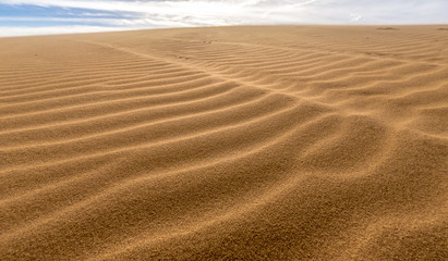 Desert sand dunes and sand grains spread in the sky with strong winds, White sand dunes in Mui Ne, Vietnam.