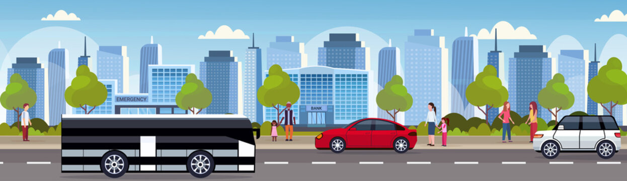cars and passenger bus driving asphalt road urban city panorama high skyscrapers cityscape background skyline flat horizontal banner