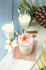 Obraz na płótnie Canvas White Milk Yogurt Beverage On A Tropical Background