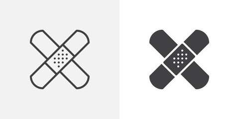 Band aid icon. Adhesive plaster line and glyph version, outline and filled vector sign. Bandage plaster linear and full pictogram. Patch symbol, logo illustration. Different style icons set