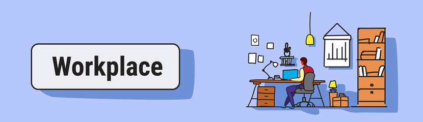man using laptop sitting workplace desk concept working cabinet furniture modern office interior design sketch doodle horizontal banner