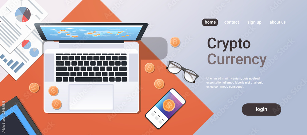 Wall mural crypto currency block chain concept bitcoin mining top angle view desktop laptop smartphone paper do