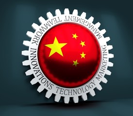 Cog wheel with China flag. Precision machinery relative backdrop. 3D rendering