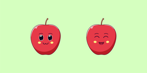 Cute Kawaii Apple, Cartoon Ripe Fruit. Vector