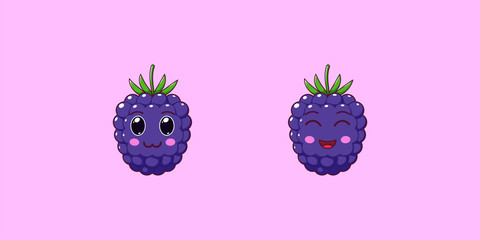 Cute Kawaii Blackberry, Cartoon Ripe Fruit. Vector