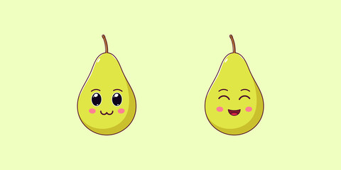 Cute Kawaii Pear, Cartoon Ripe Fruit. Vector