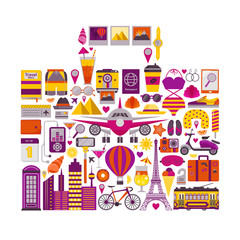 Summer holiday vacation travel print with airplane, bicycle, tram, cameras, beach suits, cocktails, stuff, and accessories. Traveling around the world and adventure element icon set in suitcase shape.