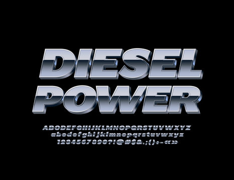 Vector Metallic logotype Diesel Power with 3D Font. Silver Alphabet Letters, Numbers and Symbols