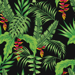 Tropical pattern leaves flowers seamless black background