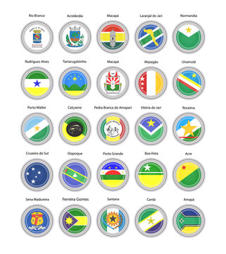 Set of vector icons. Flags of Acre, Amapa and Roraima states, Brazil. 3D illustration.