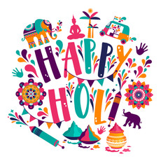 Happy holi vector elements for card design , Happy holi design with colorful icon. - 256354112