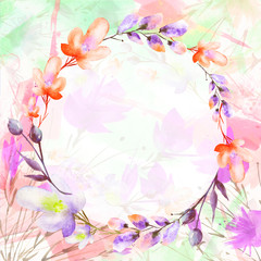 Watercolor bouquet of flowers, Beautiful abstract splash of paint, fashion illustration, willow, poppy, chamomile, apple flowers, branch with berry, Apple tree, Linden, field or garden flowers. 