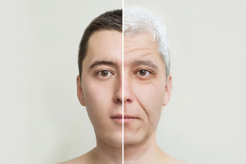 young and old man's face, the concept of old age and aging skin, wrinkles on the face of men