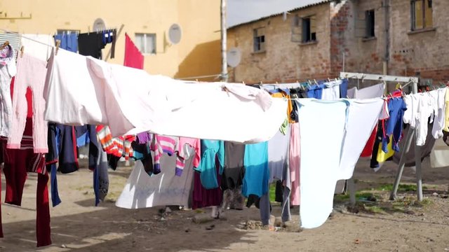 Washing hanging outside of buildings in township of Langa, Cape Town.