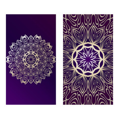 Vintage Cards With Floral Mandala Pattern. Vector Template. The Front And Rear Side. Luxury purple gold color