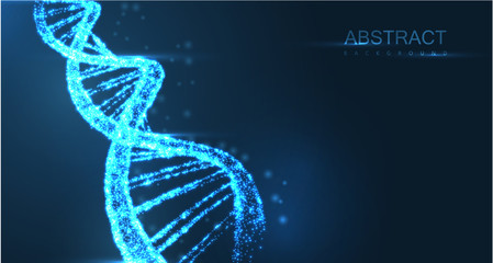Abstract luminous DNA molecule, neon helix on blue background. Medical science, genetic, biotechnology, chemistry, biology.