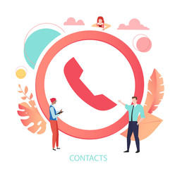Coral round Contacts sign or icon with handset and people, flat style.