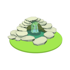 A stream flows into a stone well. Vector illustration.