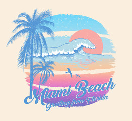 Colorful poster with palm trees and Miami beach inscription. T-shirt print, summer design for youth, teenagers. - 256356725
