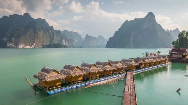 Time lapse of an amazing Cheow Lan lake with raft houses in Khao Sok National Park, Thailand