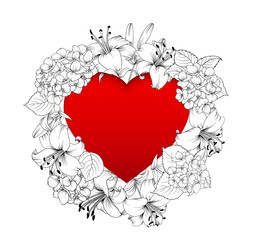 Obraz na płótnie Canvas Red heart in the middle of the image. Blooming flowers garland around text place isolated over white background. Vector illustration.