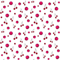 Seamless pattern. Hand-drawn raspberry and cherries on the white background. Vector illustration