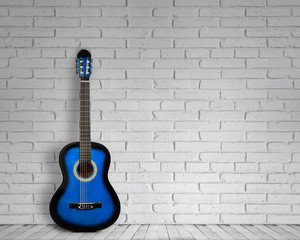 Fototapeta na wymiar acoustic guitar white background wall shadow