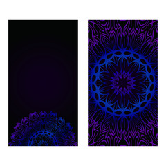 Cards Or Invitations Set With Mandala Design . The Front And Rear Side. Vector Illustration. Blue, black color