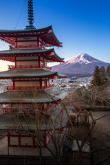 Chureito pagoda and Mt. Fuji in morning winter