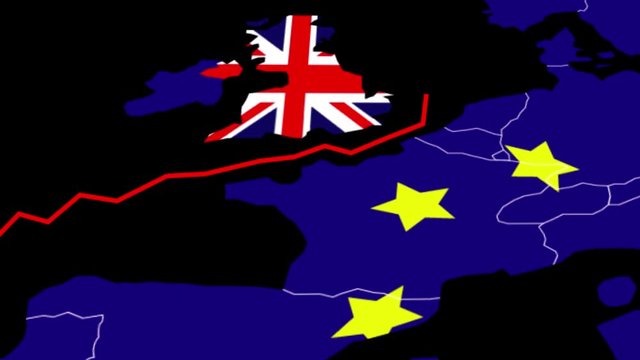 Animation of an irregular red line splitting the United Kingdom from the European Union, on a map, both with their flag. Alpha channel included
