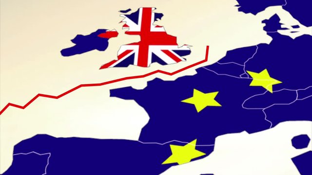 Animation of an irregular red line splitting the United Kingdom from the European Union, on a map, both with their flag. Simple white background
