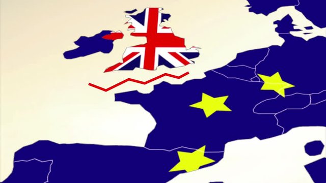 Animation of an irregular red line splitting the United Kingdom from the European Union, on a map, both with their flag. Simple white background
