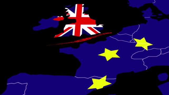 Animation of an irregular red line splitting the United Kingdom from the European Union, on a map, both with their flag. Alpha channel included