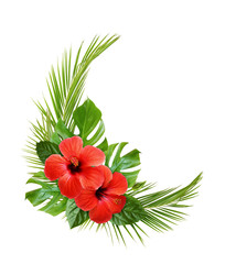 Hibiscus flower and palm leaves in corner tropical arrangement
