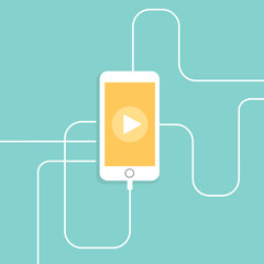 Smartphone silhouette with cords and play button.