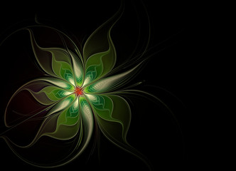 Abstract green fractal flower on black background with copy space